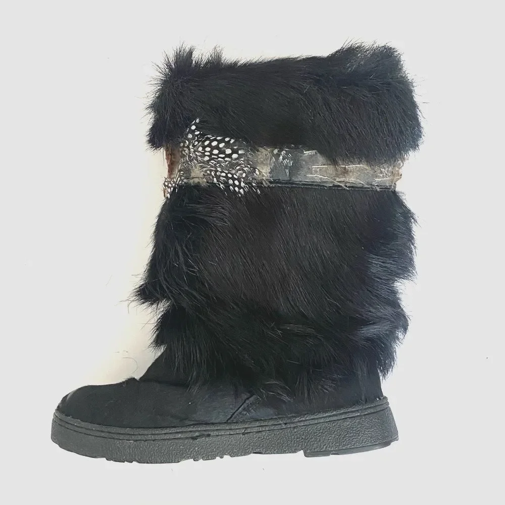 BearPaw Black Cow Hair Goat Fur Winter Boots Sz 7 Brown Bird Feathers & Fringe